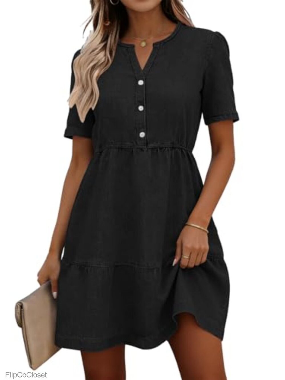 Summer Denim Dress Short Sleeve Decorative Buttons Babydoll Tiered Pocket